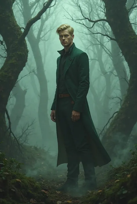 40-year-old man without a beard green eyes very handsome blond hair in a ghostly forest 