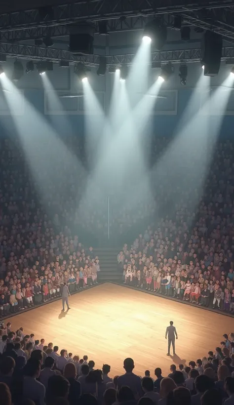 The light brown arena floor contrasts with the muted colors of the crowd. Bright, multi-directional lighting adds drama, emphasizing the emotional intensity in a stylized anime or comic book aesthetic.
