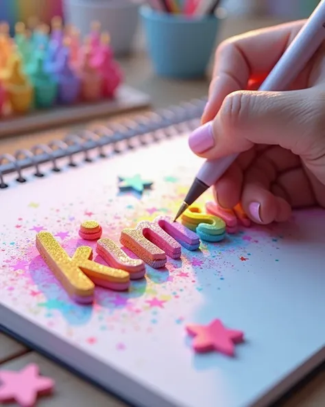 A 3D render of a talented artist passionately crafting name “kimshe” with a magical pen that seamlessly transitions through the entire pastel rainbow color spectrum. The name creation bursts into a dazzling display of creativity, highlighting the artist's ...