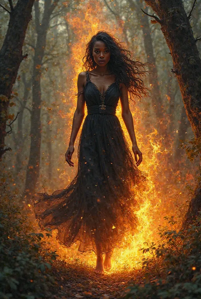 Long-haired black woman in the middle of the fire in a half-dark forest wearing a black dress she is shoeless 