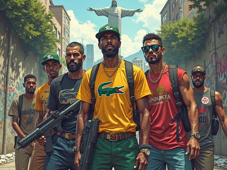 illustration of armed thugs from Rio de Janeiro wearing Lacoste with Christ the Redeemer in the background 