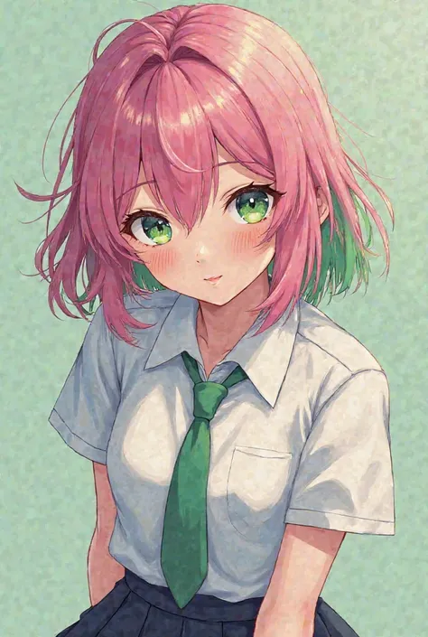 a girl with green eyes and pink and green hair with bangs and with school clothes skirt