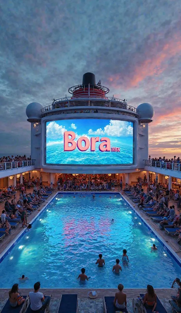  ultra-realistic , photorealistic,  huge digital billboards written Bora 10K near the pool with people surrounding on the cruise ship monitor designed name Bora 10k on a large screen on the ship the name Bora 10k in the image of to get a good look at the n...