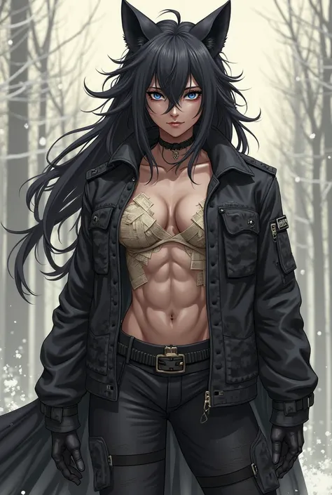 Muscular furry she-wolf woman covered in hair, taller than humans, wears an unbuttoned black military jacket and black military pants, with bandages on the chest, that cover her tits, daring nature, hates robots,  Anime style