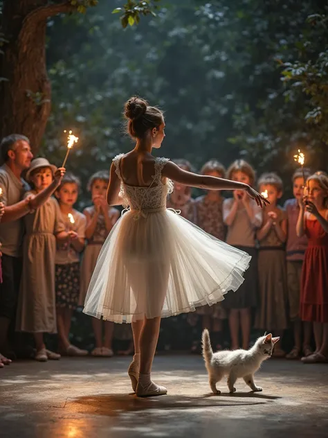 A dancer dancing on a stage in a circle with people admiring attentively, The ballerina wears a beautiful white dress and she carries a small white cat with black spots and the audience has torches in their hands to light 