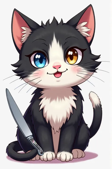  tuxedo cat ,solo, high quality,  odd-eye, cute,smile, anime style,Scalpel,