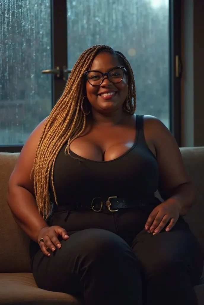 Black woman,SSBBW, large breasts, chubby, overweight, obese, long blonde braids, glasses, smiling, looking at camera, in black tank top, on couch, raining outside