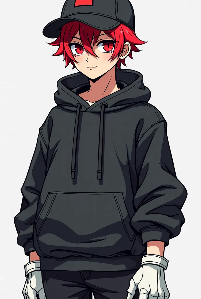 Classic video game-style image of a 19-year-old boy of 1.65 cm,  boy with red hair, red eyes, white skin wearing a black cap, a black sweatshirt and black pants and white gloves 