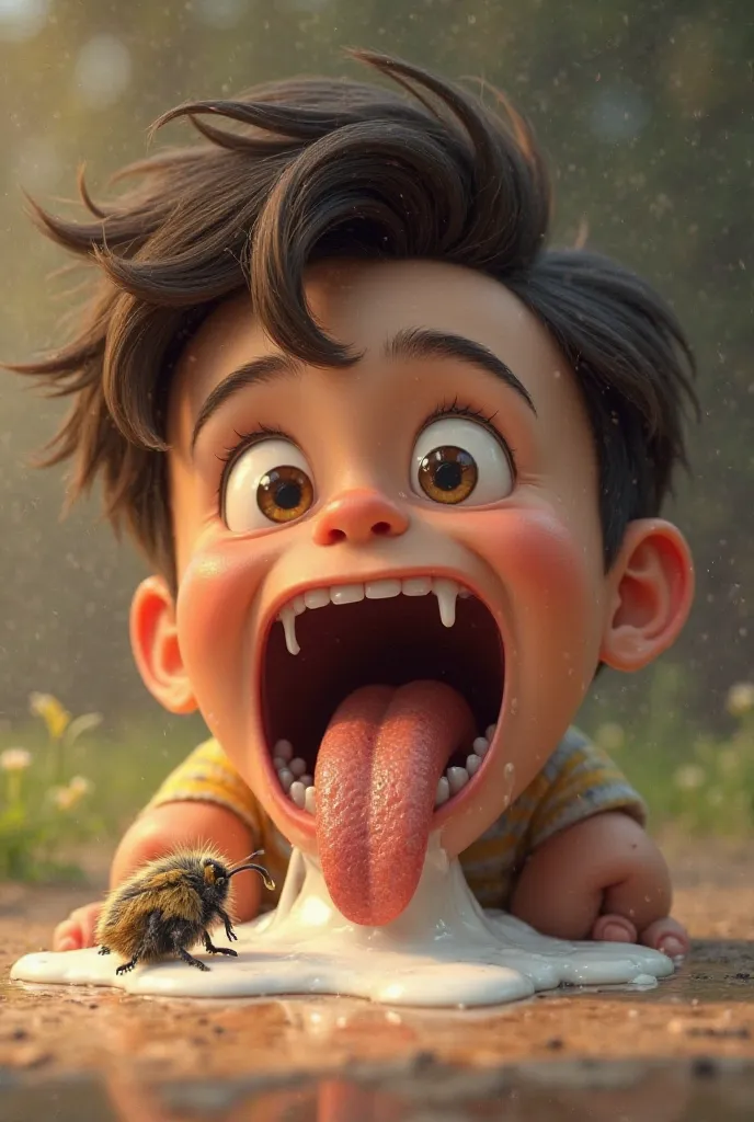 A handsome  boy opens his mouth and drools, shows his wet tongue. On his tongue, a  sits and seems to have fun while he is soaked in the boy's saliva. 