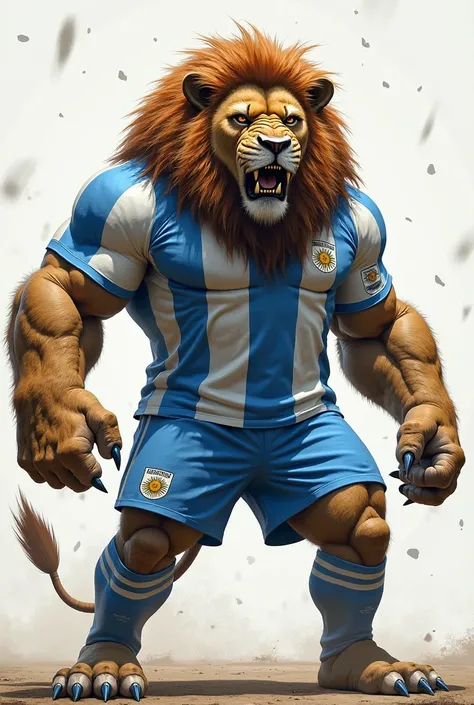 An angry big lion standing on two legs wearing clothes from the Argentine national team 