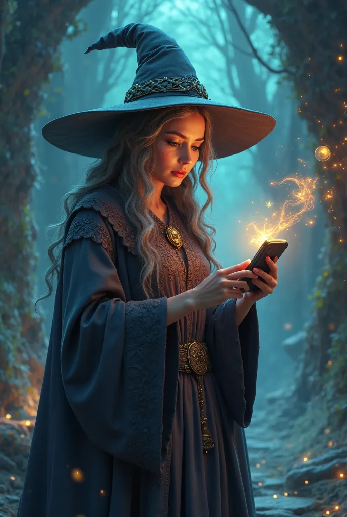 An animated image of a witch holding a cellphone