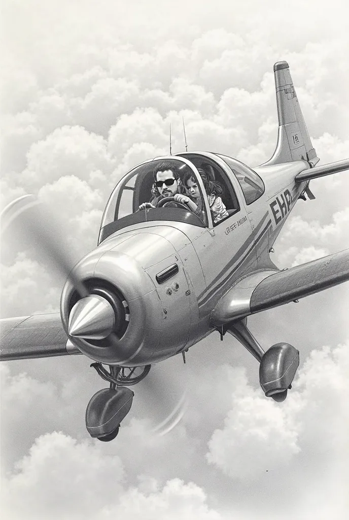  realistic drawing  ..single-engine plane flying in the clouds..   father driving wearing dark glasses and daughter next door inside closed cabin. Image seen from the front of the plane