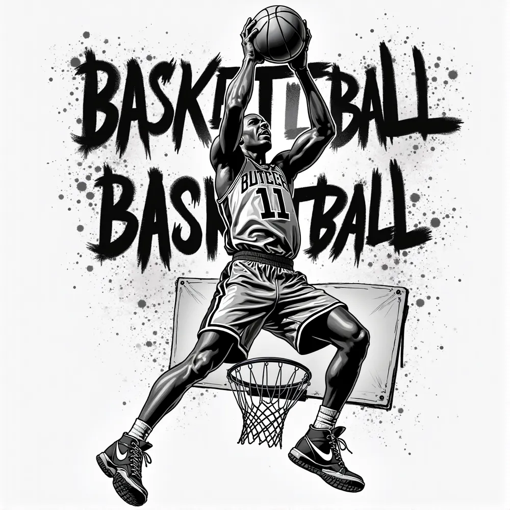 A black-and-white street-style basketball illustration featuring a dynamic basketball player executing a powerful dunk. The player wears a jersey with the number 11, high-top sneakers, and has a muscular, athletic build. The background includes bold graffi...