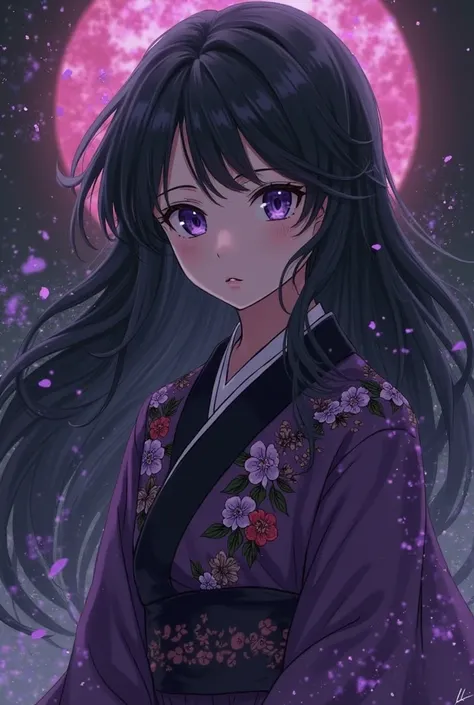 Create a girl with black hair, serene attitude , whose costume has purple and black colors, do it in the style of the anime kimetsu no yaiba.