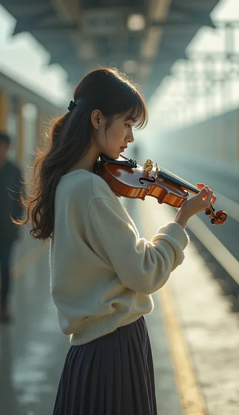 Sofia wearing a white sweater is playing the violin in a blurry train station. 