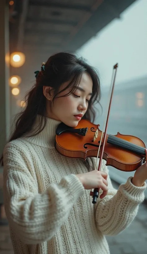 Sofia in a white sweater plays the violin in a blurry station. 