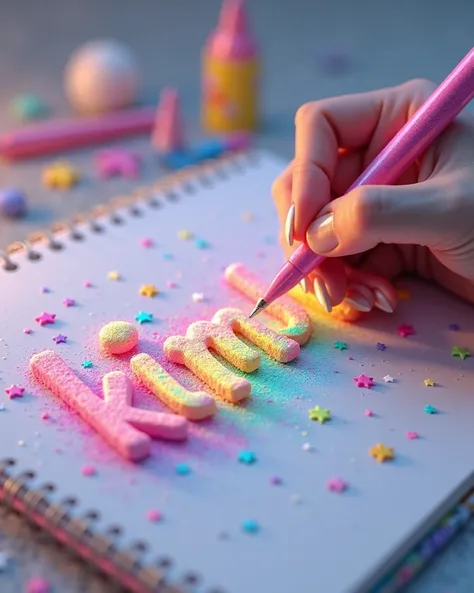 A 3D render of a talented artist passionately crafting name “kimshe” with a magical pen that seamlessly transitions through the entire pastel rainbow color spectrum. The name creation bursts into a dazzling display of creativity, highlighting the artist's ...