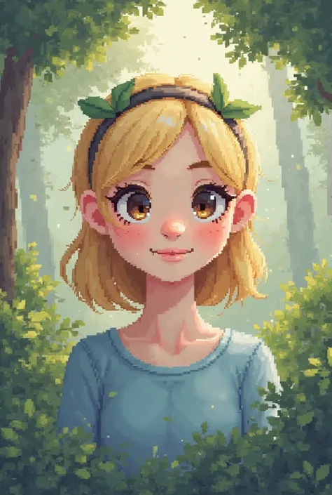 A 3D pixel-style character in a dark blonde blue blouse with a ager's face has spots on her face, dark brown eyes and a headband with two little leaves on her hair