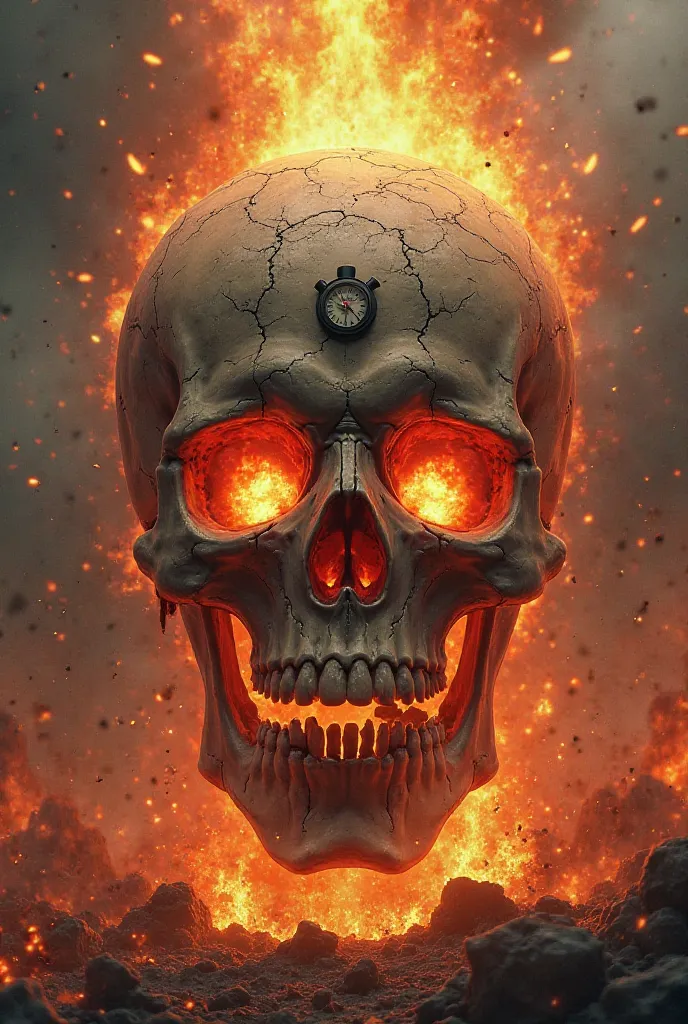 Skull with bombs coming out of his eyes, in the background flames and explosions, a timer on the skull