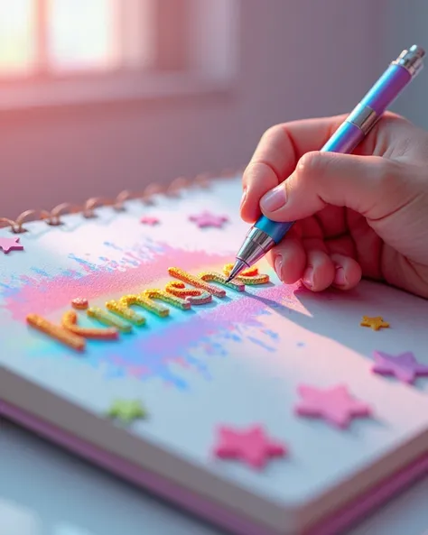 A 3D render of a talented artist passionately crafting name “kimshe” with a magical pen that seamlessly transitions through the entire pastel rainbow color spectrum. The name creation bursts into a dazzling display of creativity, highlighting the artist's ...