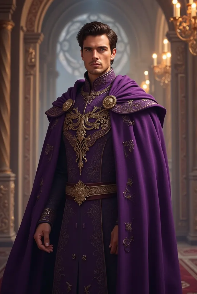 A royal that was meant to be the heir to the throne. Handsome, Tan skin, muscular, broad shoulders, short dark brown hair, blue eyes, purple clothes.