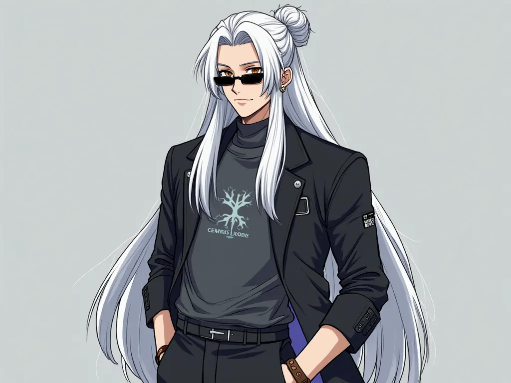 Kazemaru with long white hair,  falling softly over your shoulders and back , but now with a more robust and masculine appearance. Your hair, although equally smooth, has a firmer and more structured movement, with thicker wires that stand out with a subtl...