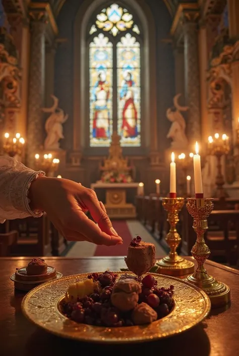 "A first-person perspective inside a Baroque church illuminated by candlelight, with stained glass windows in the background filtering soft light. In the foreground, an elegant hand reaches out to pick up a chocolate treat from a golden plate filled with g...