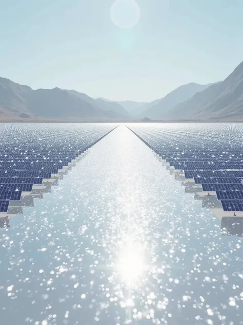 Create a landscape with a photovoltaic panel solar plant, and underneath the panels is a flat reflective white blanket with a lot of glitter on it, As if it were a diamond