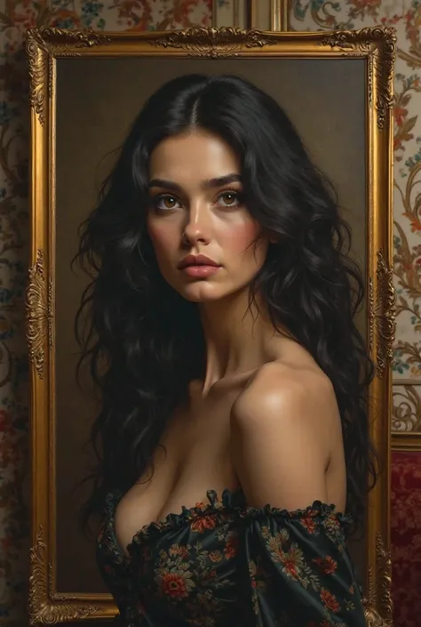 black-haired brown-eyed woman in a large picture on the wall of a mansion 