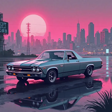 2D drawing of Auto El Camino pick up gray and a pink city in the background