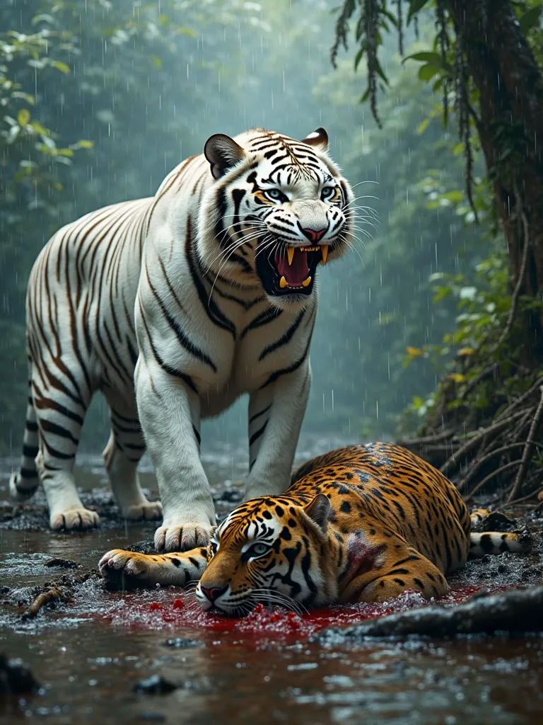 "A hyper-realistic, cinematic scene of primal conquest: A massive white tiger stands victorious over the lifeless body of a golden-furred jaguar in a steamy, rain-soaked Amazonian riverbank. The tiger’s snow-white fur gleams like polished marble under stor...