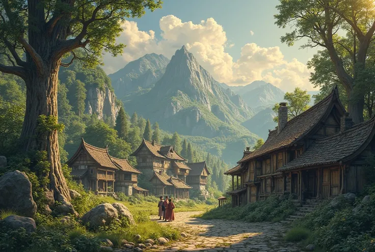 Oriental people,  in the middle of the woods ,  medieval town, medieval houses with Naranta ,roof in green mountains huge giant trees ,Hot Sun,quality, High quality, very detailed, 