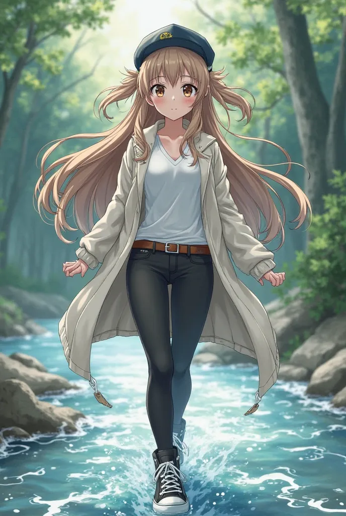 Anime girl, long light brown fluffy hair, dark blue basecap, two sidetails, looking confident, long white open coat with brown belt, white T-Shirt with V-neck, black Leggins, black socks, black hi top sneakers with black laces and white soles, wading throu...