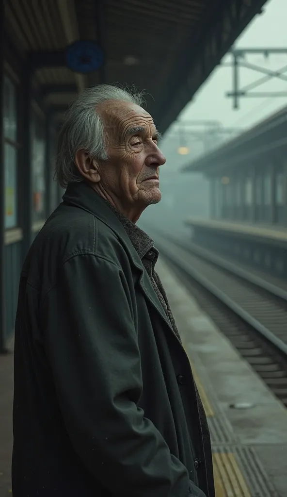 An old man closed his eyes sadly and in the back there is a blurry train station. 