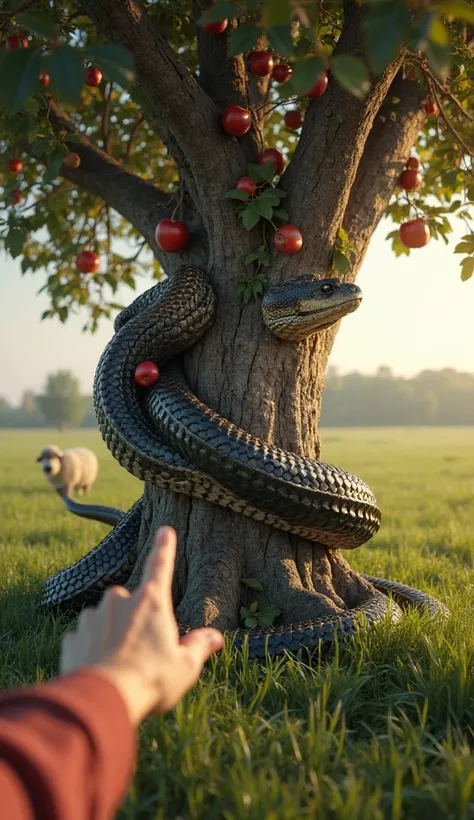 A first-person scene set in the Garden of Eden. In the foreground, a male hand points to an enormous black serpent with shiny scales and gold details, which is wrapped around the trunk of an ancient and sturdy tree, loaded with red apples. The serpent has ...