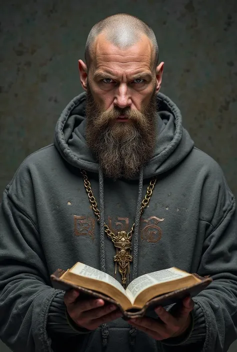 create a profile picture for a YouTube channel called "Conscious use", uses these features:  blond man, bald and bearded man in Viking style and hoodie holding a bible