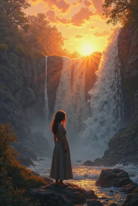 Woman sitting infront of falling water wondering sun set