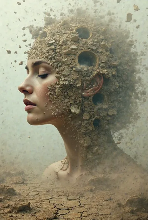 surreal portrait: The woman's face merges with the ancient cathedral, its dome becomes part of her head. Stone fragments float in the air, creating the effect of destruction and merging.  mystical atmosphere , with a foggy background and cracked earth. Col...