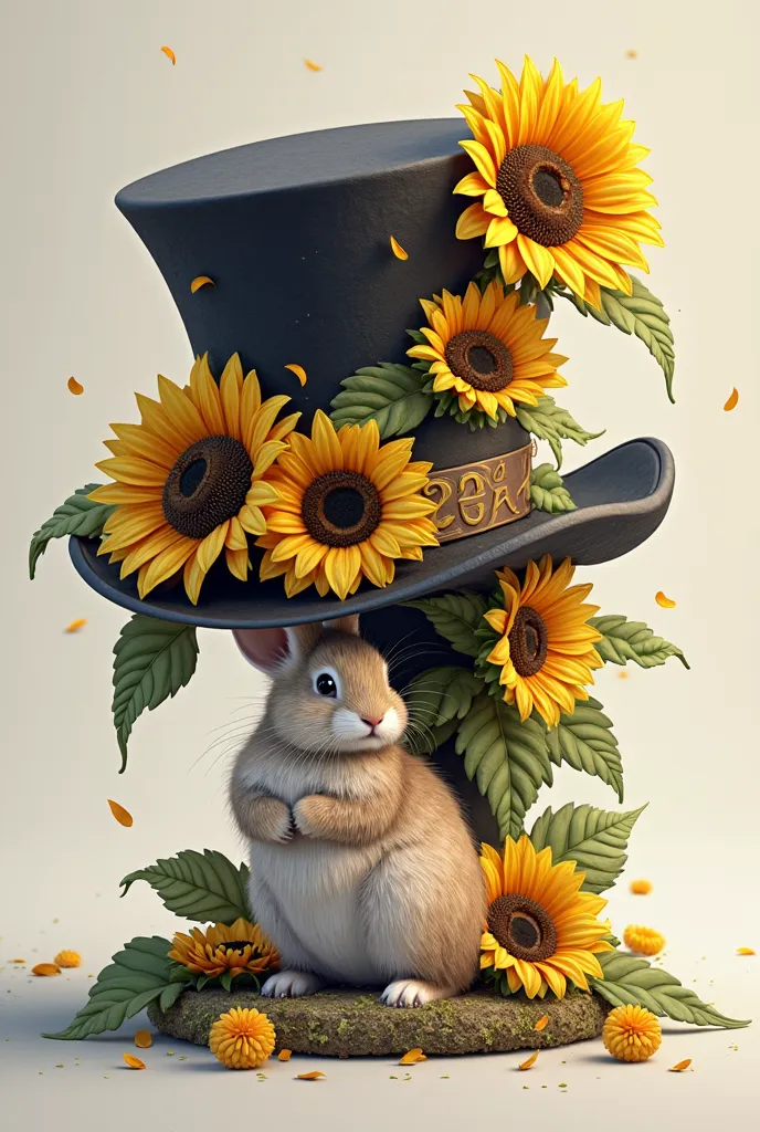 Top hat decorated with sunflowers and a rabbit on the bottom with decoration and numbers