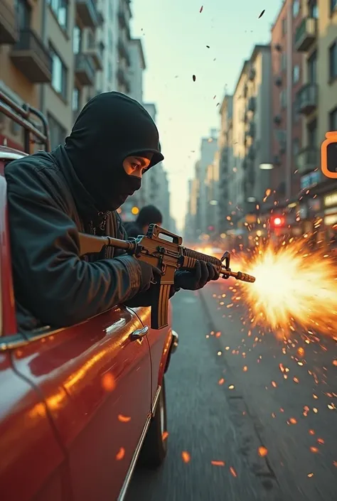 A video of a driveby shooting in a crowded street with mask men in car with ak 47 rifles