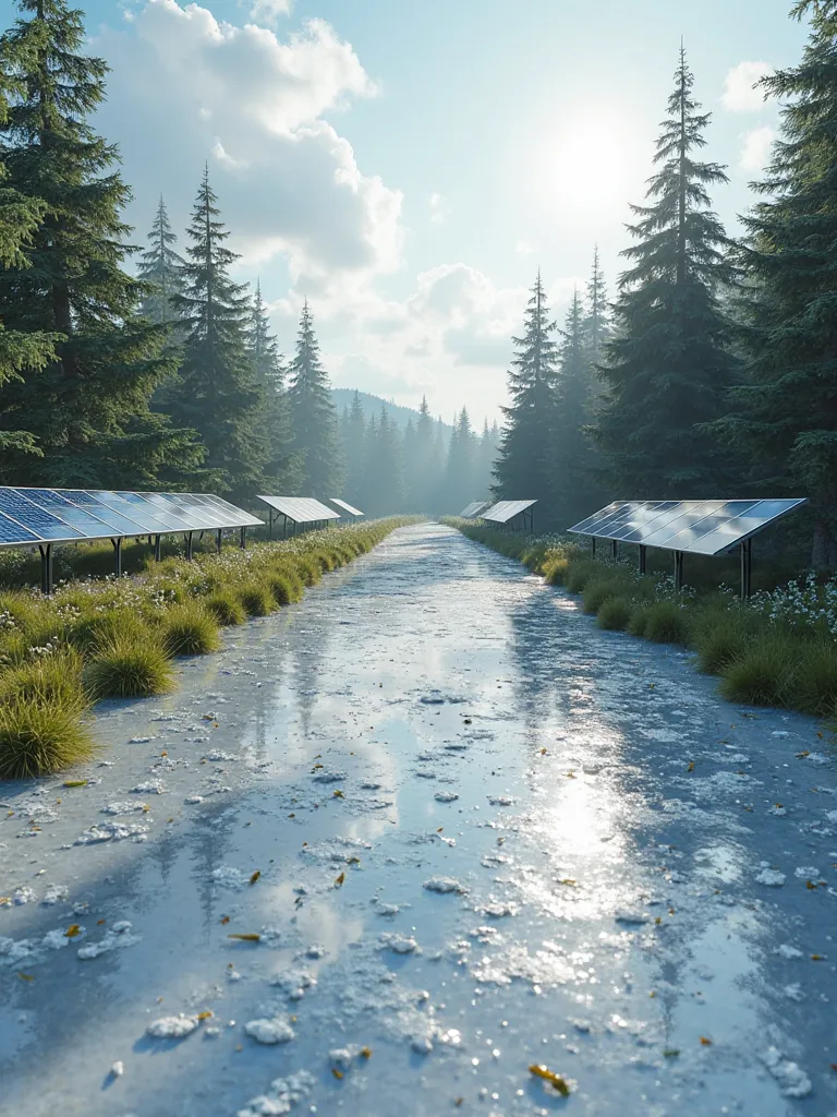 Create a landscape with a photovoltaic panel solar plant, and underneath the panels is a flat reflective white blanket with a lot of glitter on it, As if it were a diamond, Place a forest path in the middle of the image