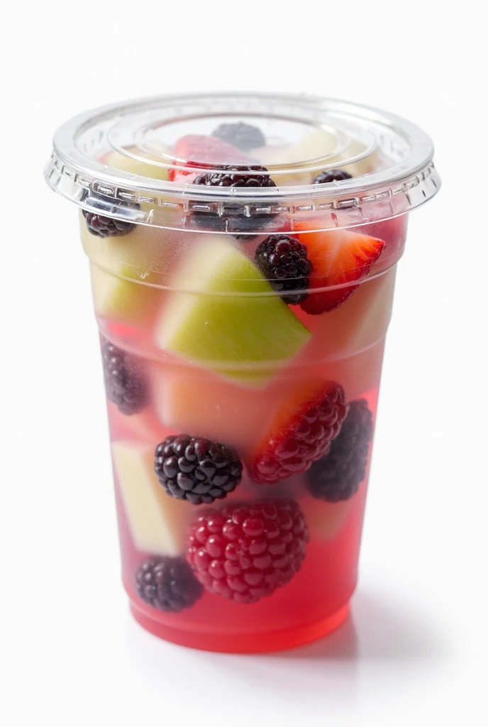 A plastic cup with a sealed lid, filled with shiny gelatin and fresh fruits, ideal for a refreshing dessert. The gelatin is semitransparent, allowing you to see the pieces of fruit floating inside: juicy purple grapes, crunchy green apples, small blackberr...