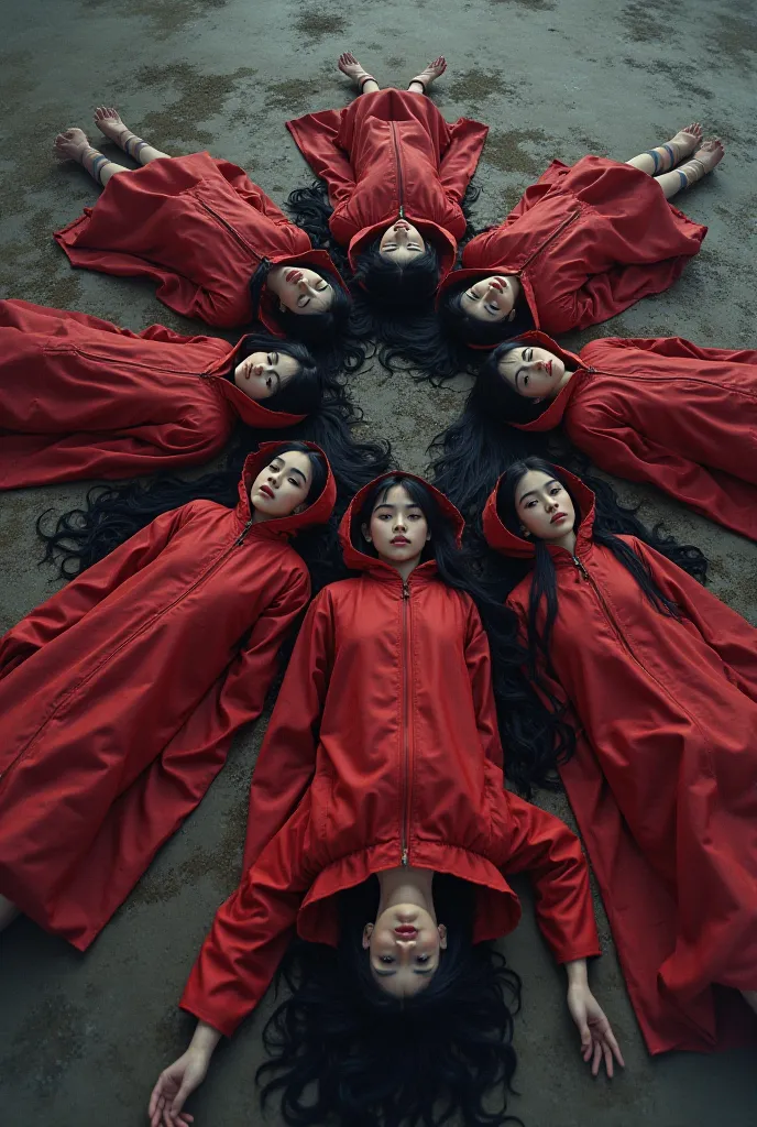 Seven girls(19 years old), dressed in red hooded raincoats with long black hair 
lie on the ground killed by royal soldiers 