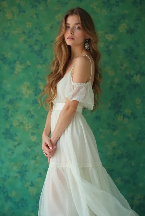 image, full body,  front, a woman , long light brown hair,  with round white dress,  place a green background for later removal 
