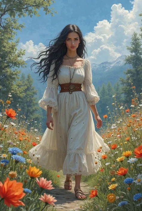 hello, Please create a video of a young white woman with blue eyes and black hair walking over the forest full of colorful and fragrant flowers, with blue skies, Few clouds, The very sunny day. It will be at the time of the 16th century