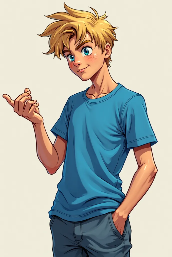 Dans une style manga 3D,  a handsome, athletic 20-year-old boy with blue eyes,   freckles, mid-length blonde hair, habillé d'un pantalon large de skateur et d'un tee-shirt large bleu comme ses yeux, regarde sa main ensanglanté.
