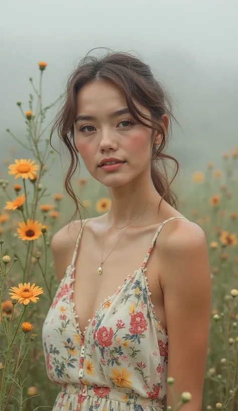 "A digital photograph captures the beauty of a woman dressed in a short linen dress with floral designs in the foreground,  in the background, highlighting its splendour against a misty background.  Las Flores , with their vibrant petals and delicate detai...