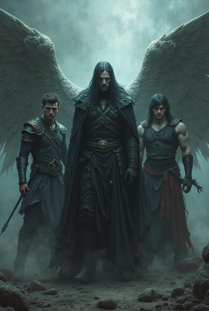 The scene shows these three characters, that each have their own meaning and tragedy. The human warrior appears vulnerable and human in his fear, the vampire prince radiates a gloomy, Supernatural power from, and the fallen Angel person bears the burden of...