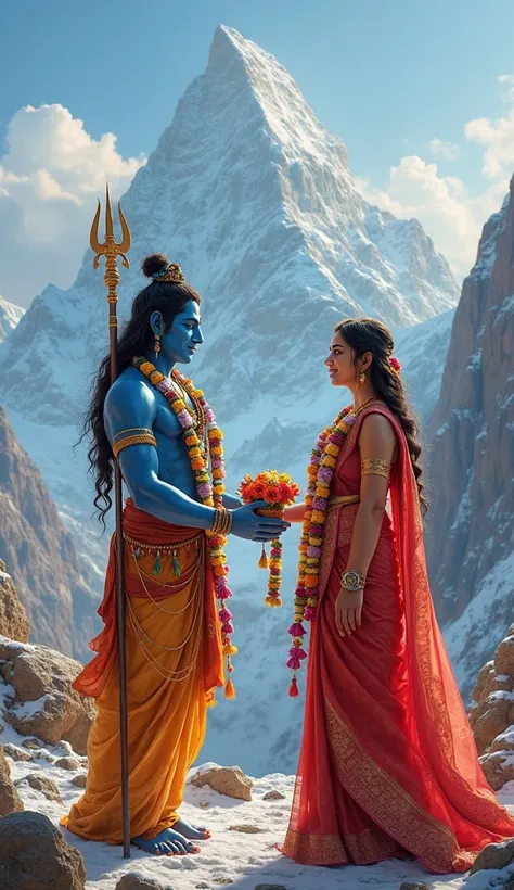 Create a vibrant scene depicting Hindu deities in a picturesque mountain setting. Focus on a blue-skinned male figure resembling Shiva in traditional attire, holding a trident, alongside a female figure in a luxurious red saree adorned with gold jewelry. T...