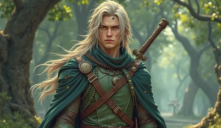  A mystical warrior with long hair ,   disheveled ash blonde hair  , amber eyes ,  She has black spots under her eyes .,  He wears green leather clothing  , white,   Navy blue and brown    ,   a cape complemented by a leather harness surrounding his body  ...